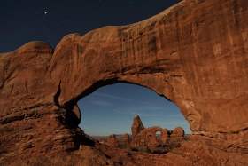 Turret Arch through North Window Arch by Moonlight, Arches National Park, Utah